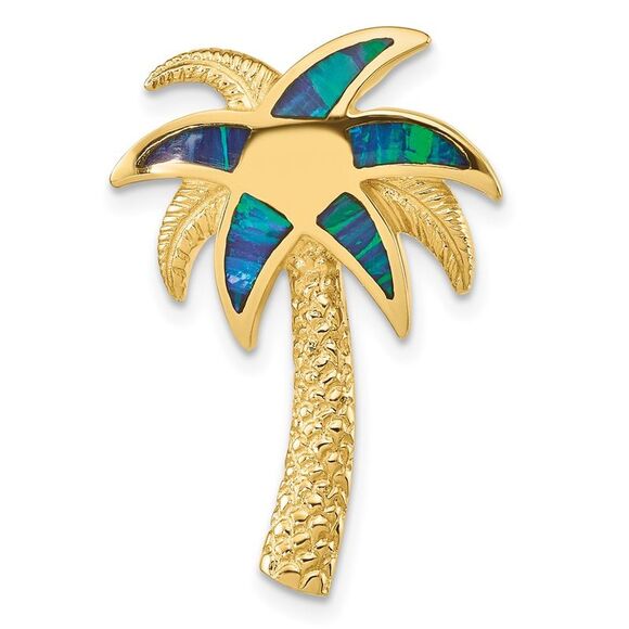 14k Yellow Gold Lab Created Opal Palm Tree Slide - Picture 1 of 4